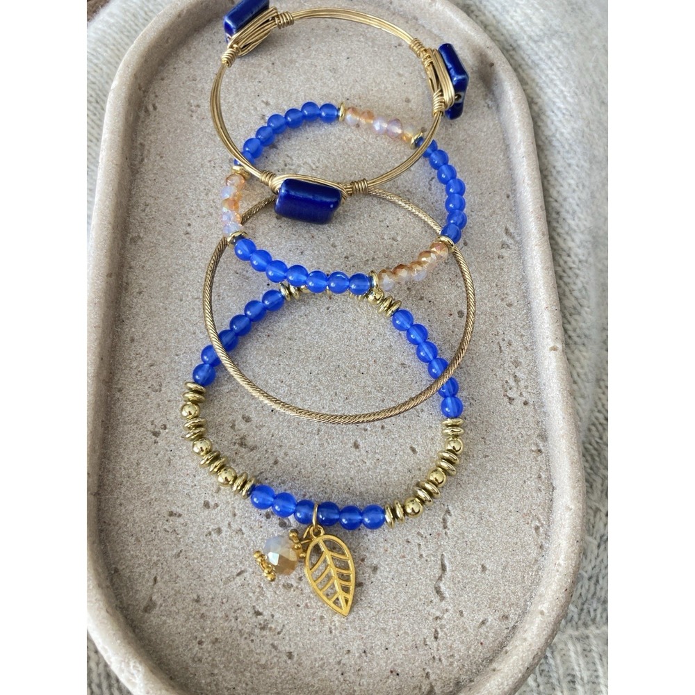 Cobalt Blue Gold Tone Beaded Bracelet Set Of 3 Leaf Charm Wire Bangle